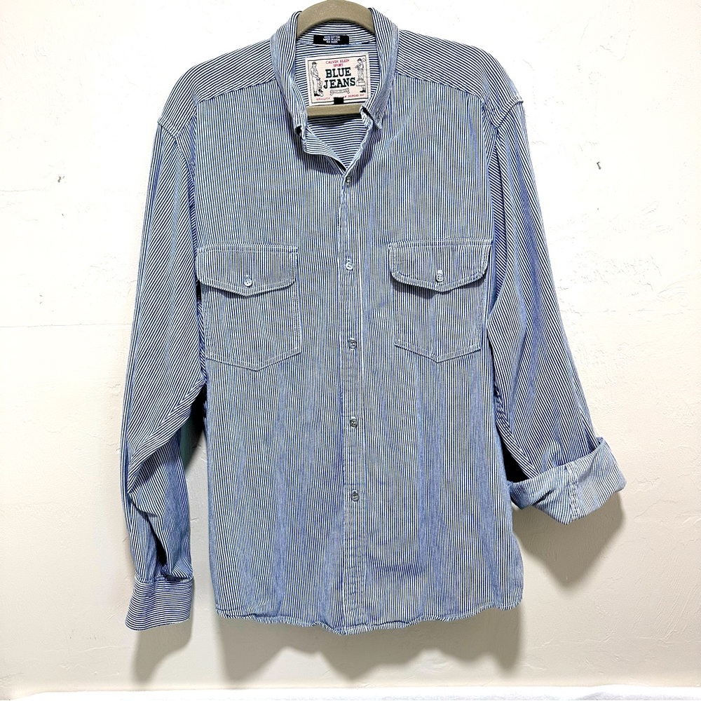 Calvin Klein Sport Vintage Blue White Denim Hickory Pin Stripe Cotton Shirt XL